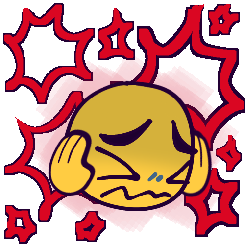 A yellow emoji with a distressed expression, covering their ears or with their (floating) hands. Their eyes are shut tight, their mouth is a wobbly frown, and their eyebrows are knit. Several red, spiky starburst shapes representing stimuli surround them, and a faint red cloud emanates off of the emoji, further showing their distress.